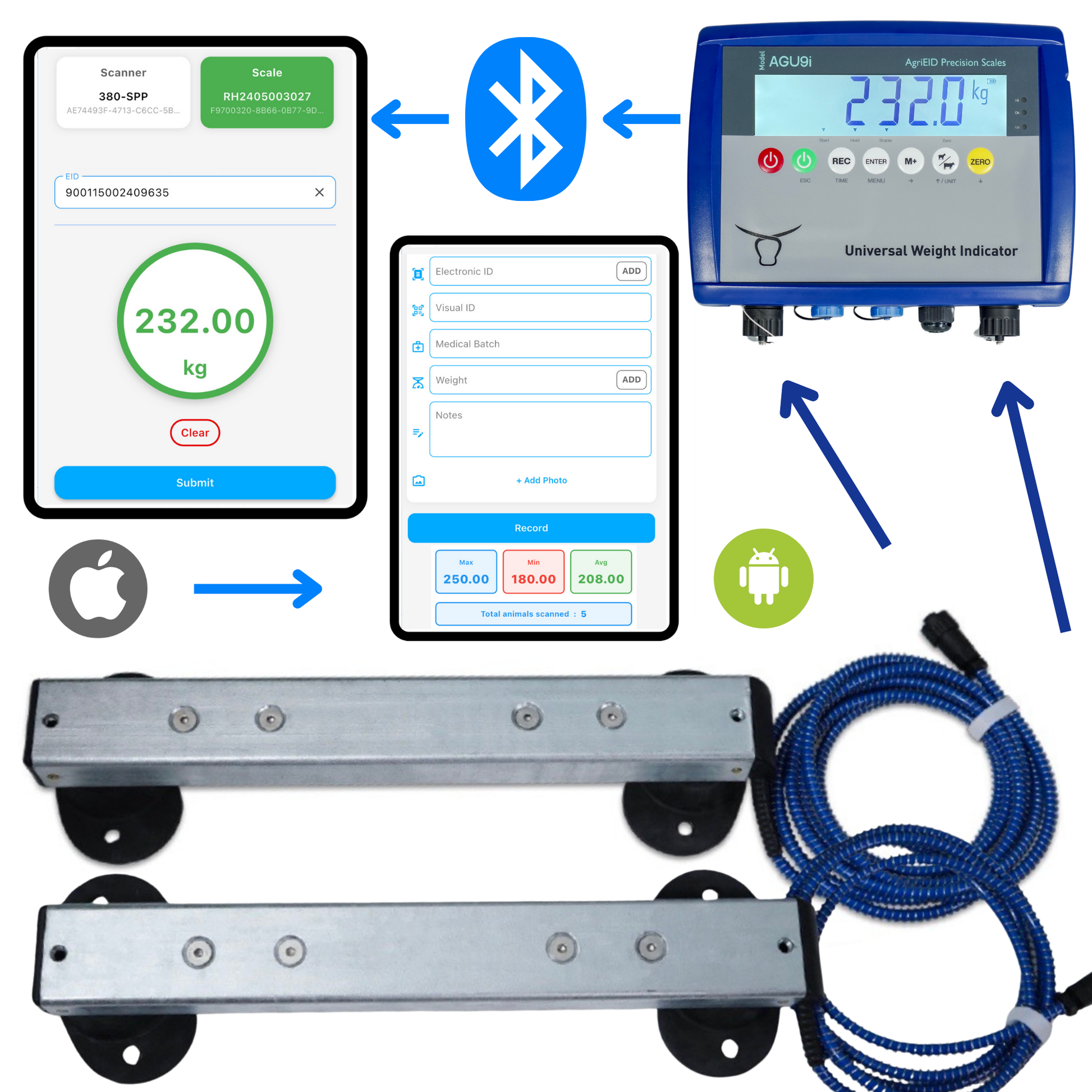 Intergrated Cattle Scales with Software and Mobile Application for Bluetooth data collection 